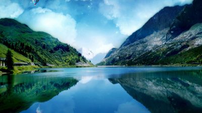 Blue Water, Clouds, Greenery, Lake, Mountains, Natural