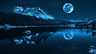 Blue, Lake, Moon, Mountains, Nature, Night